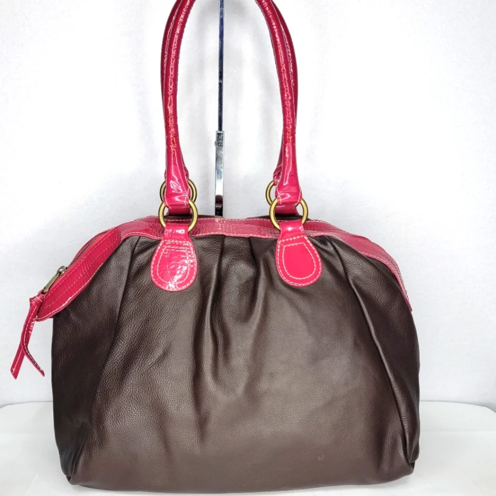 BODEN Genuine Leather Brown w/ Fuschia Trim Leather Handbag. P138 - Picture 1 of 10